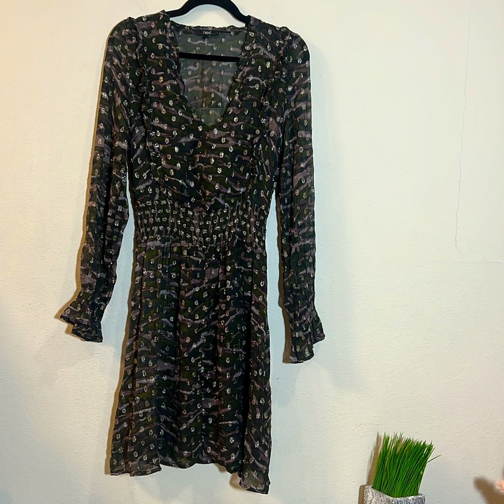 Next Chiffon Metallic Smocked Knee Length Long Sleeve Dress